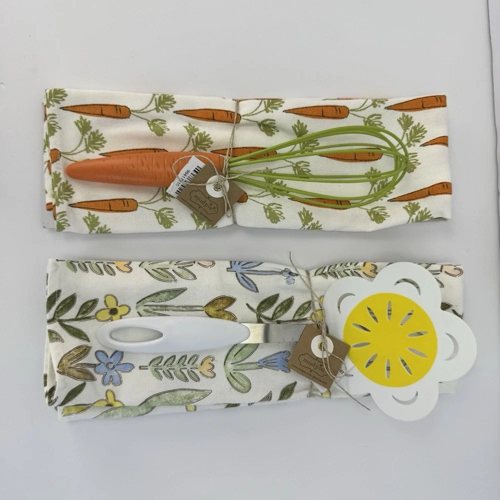 Mud Pie Carrot & Flower Towel and Whisk Spatula Set Easter Host Gift Kitchen NWT